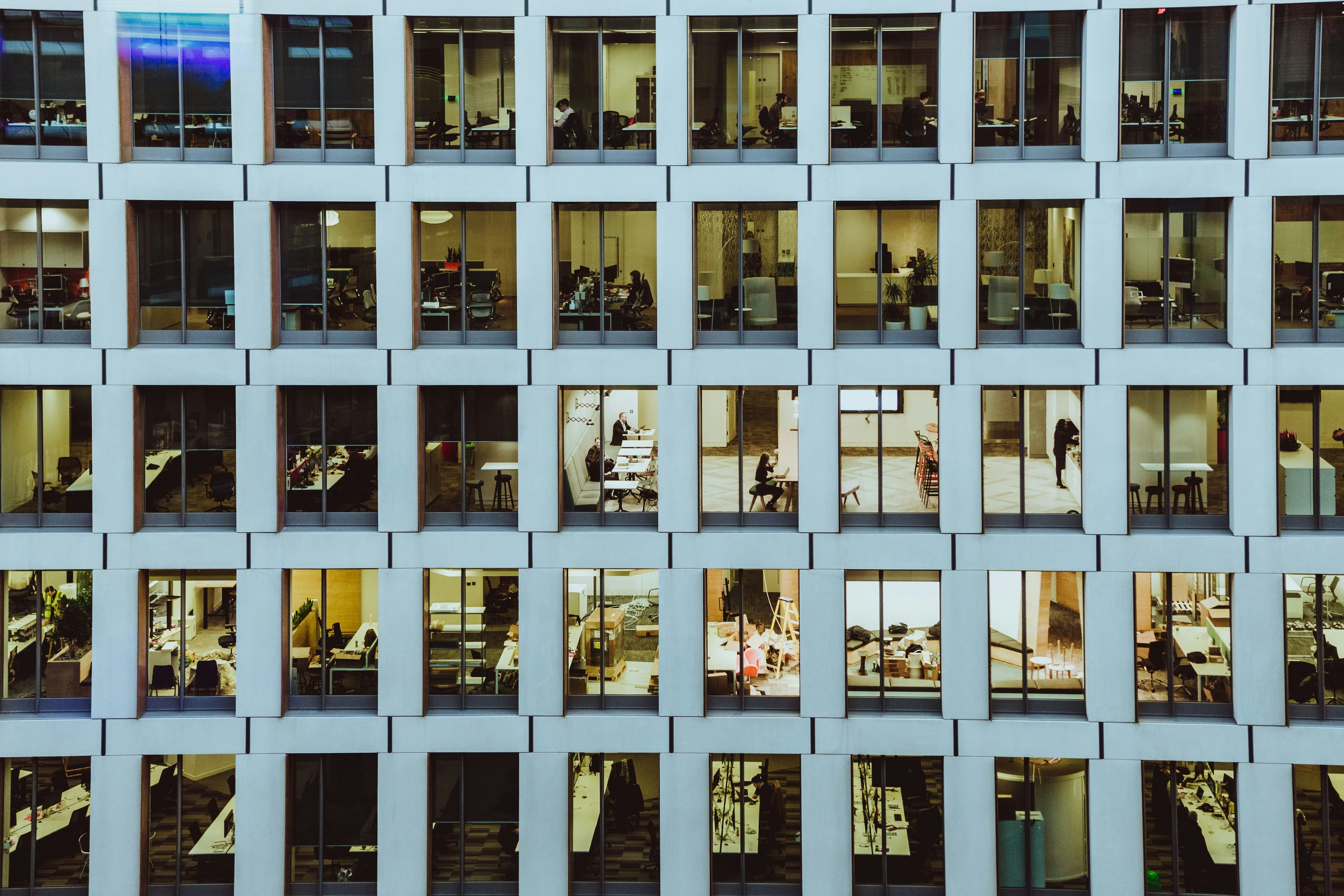 People in a large office building
